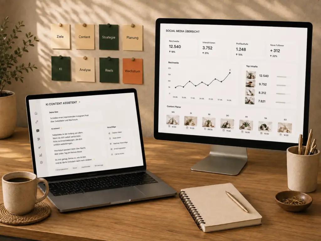Arbeitsplatz mit Laptop und Monitor mit Diagrammen und digitalen Übersichten