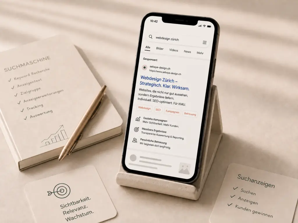 Smartphone mit Suchergebnissen auf einem Ständer neben einem Tablet