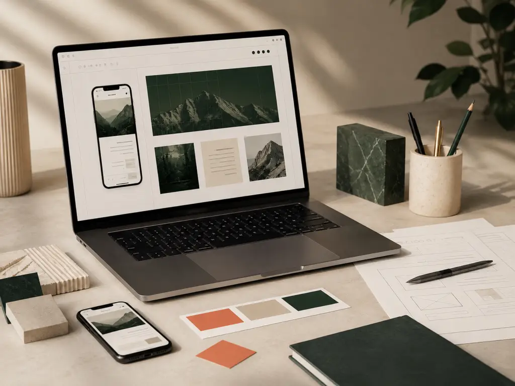 Laptop mit Website-Entwurf und abgestimmten Farbmustern auf einem Schreibtisch